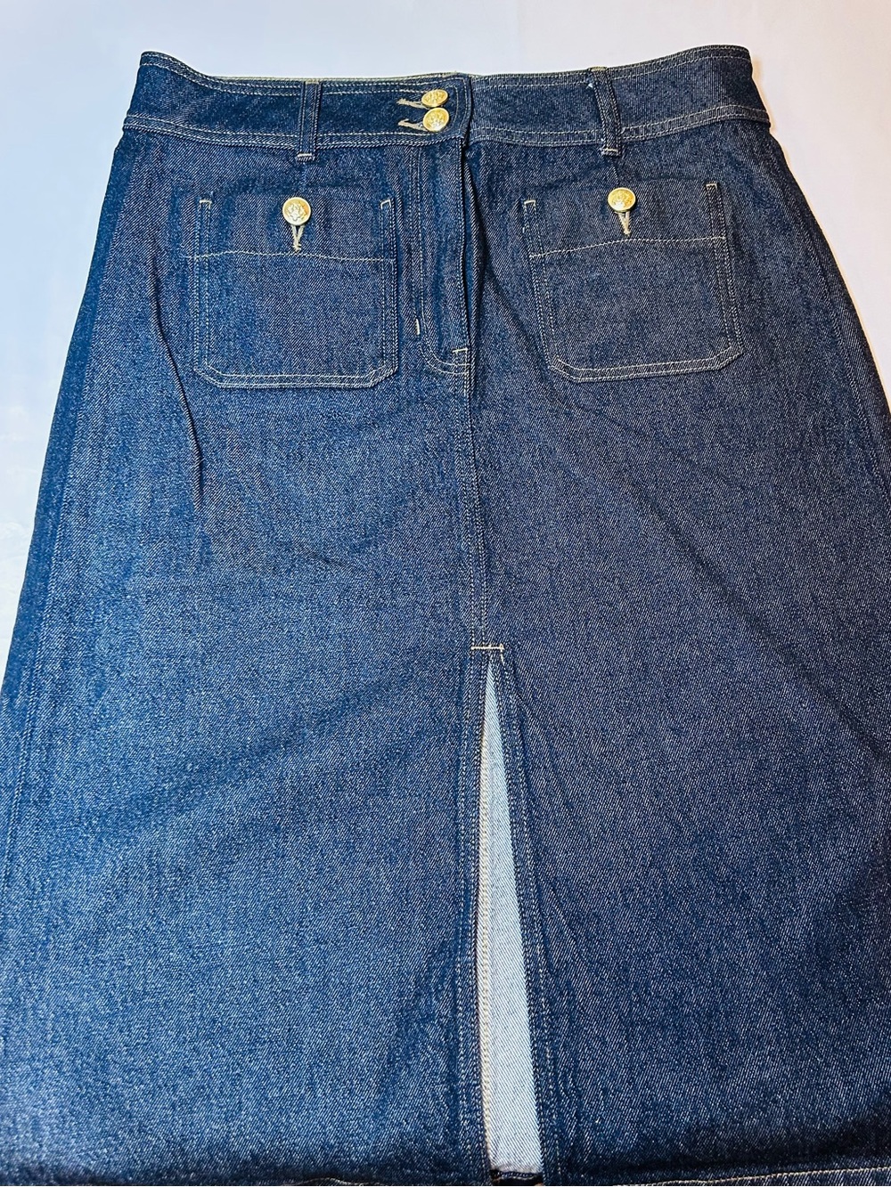 J. Crew Denim Pencil Skirt Sailor Pockets Dark Wash Gold Tone Buttons Front Slit